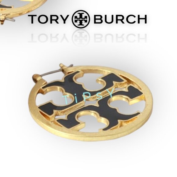Beautiful Tory Burch Black and Gold Miller Hoop Earrings - Picture 4 of 7